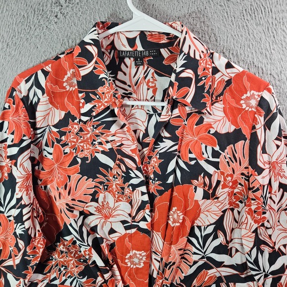 Lafayette 148‎ Shirt Top Women Size 8 Button Up Floral Red Black White Cotton - Picture 3 of 12